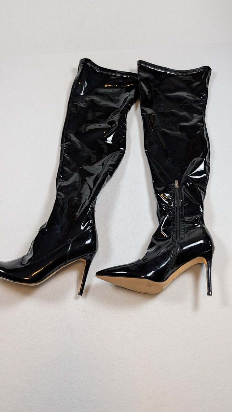 Black Patent Leatherette Over-The-Knee Pointy Toe Stiletto High Heel Boots